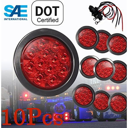 10 Solid Round 4 Red Led Light Brake Stop Turn Tail Signal W 10 Solid Round 4 Red Led Light Brake Stop Turn Tail Signal W Grommet Pigtail Kit For Truck Trailer Jeep Tractor Rv Dot Sae Roved