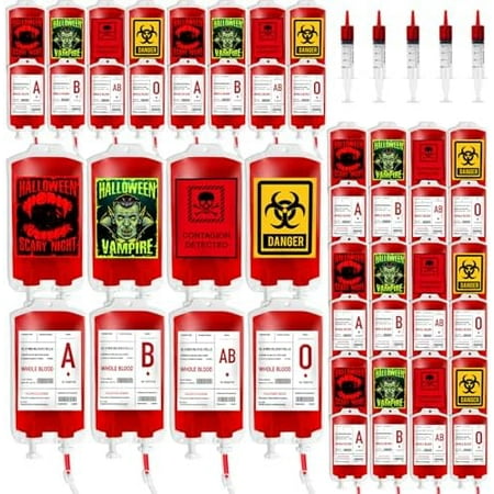 48 Pack 10oz Blood Bags for Drinks, 8 Design Halloween IV Bag for Drinks Reusable Drink Pouches Containers with Syringes Clips Pouch Prop for Vampire Zombie Hospital Theme Party Favors Supplies$$
