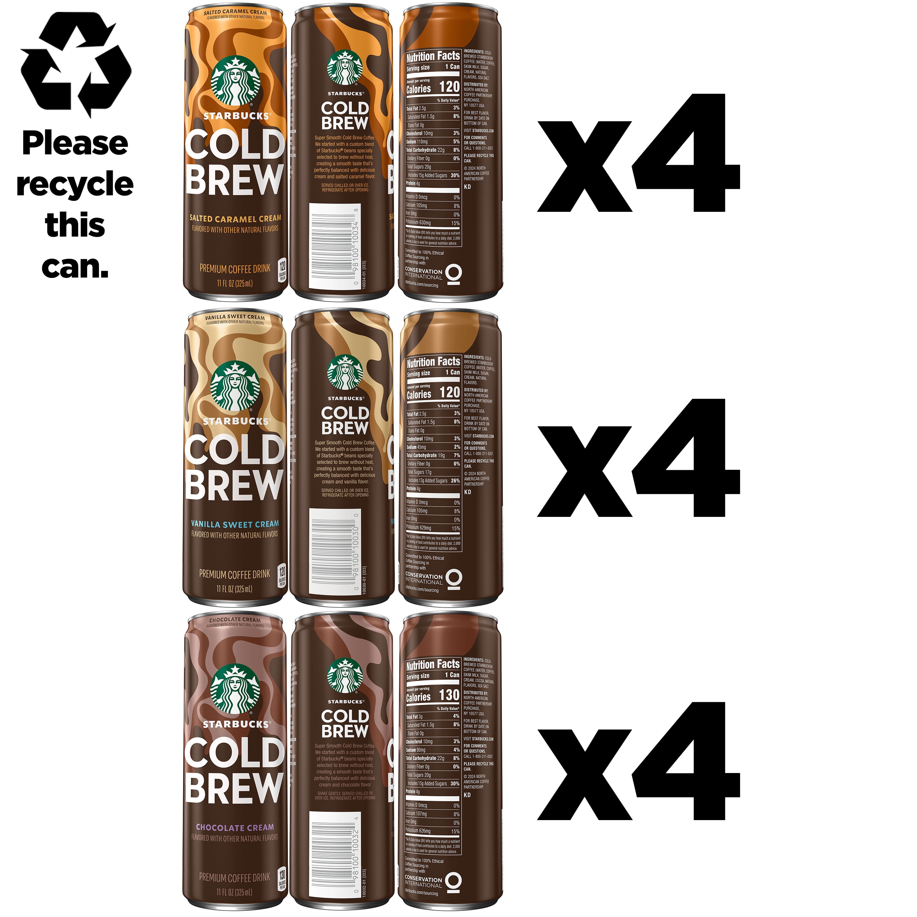 Starbucks Cold Brew Coffee, Chocolate, Caramel & Vanilla Flavor, 11 fl oz Cans (12 Pack), Premium Coffee Drink, Iced Coffee​