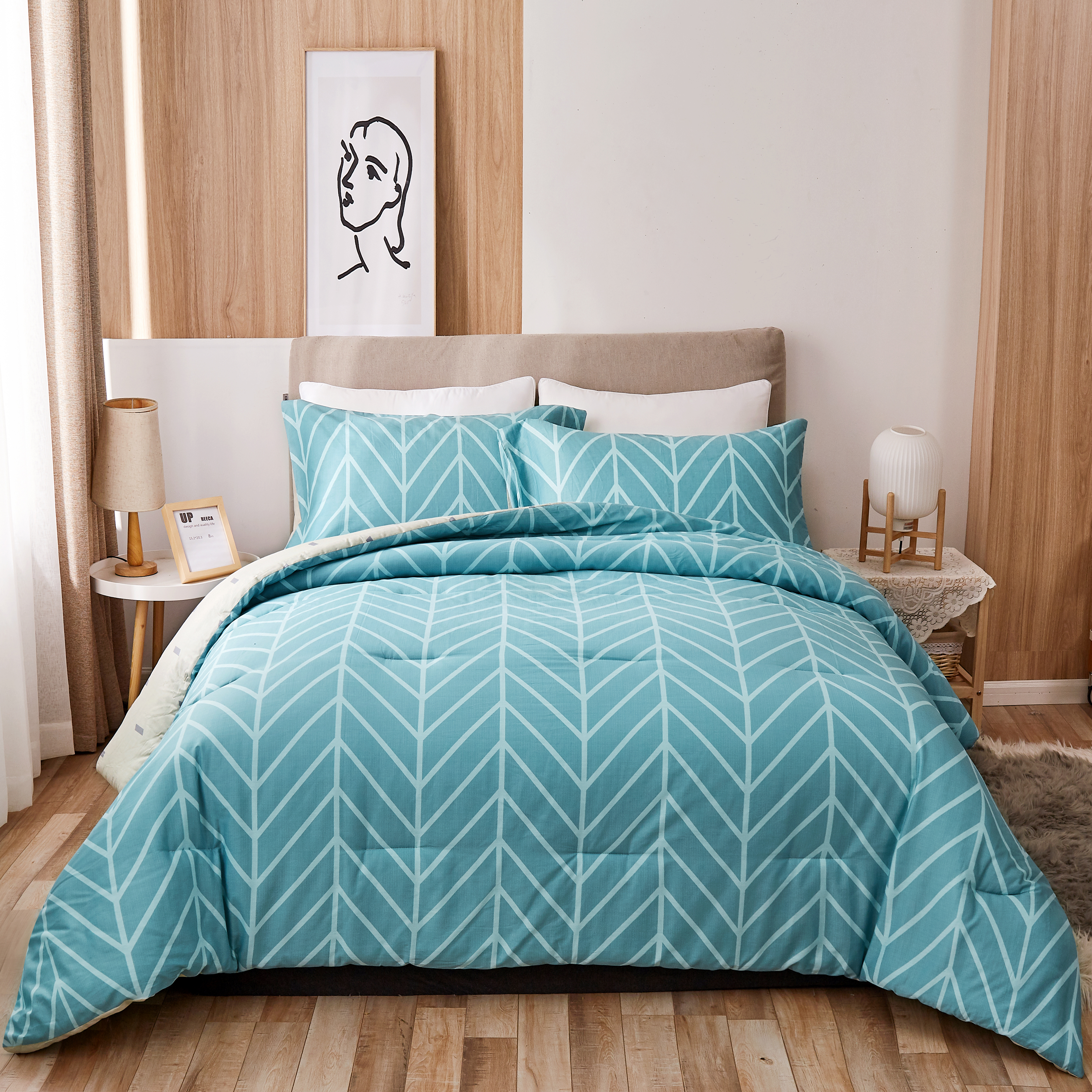 Peach Leaf Super Soft 100% Cotton 3-Piece Comforter Set with Shams, King, Teal Chevron
