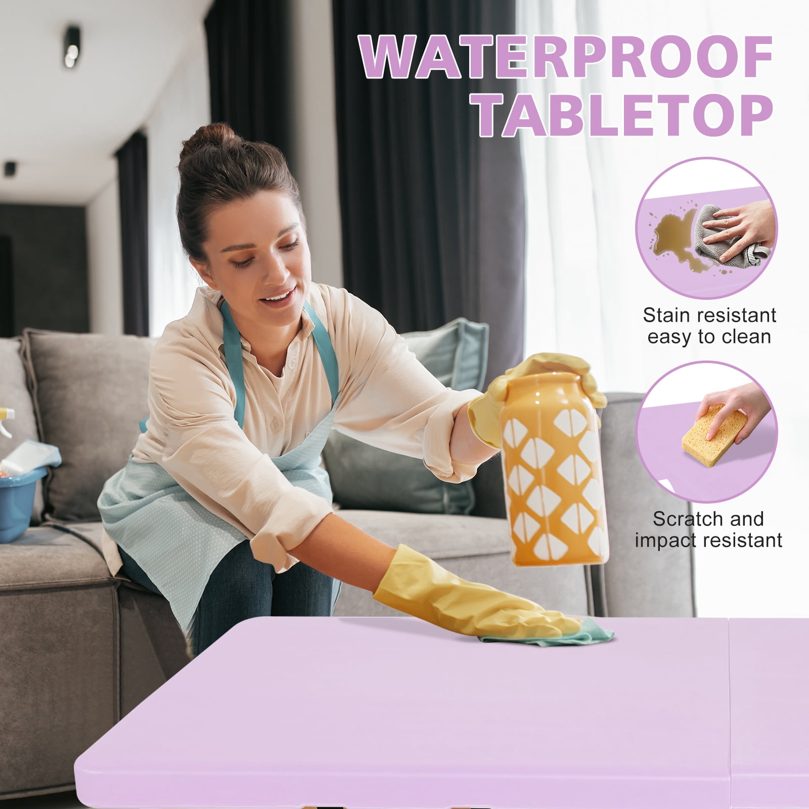 4ft Light Purple Portable Folding Table, Indoor Outdoor HDPE Foldable Table with Powder Coated Steel Legs, 135KG Max Capacity, No Assembly for Camping BBQ Party Exhibition