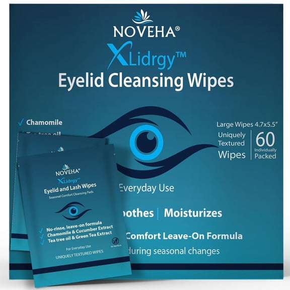NOVEHA Allergy Relief Eyelid Wipes | Pre-moistened Hypoallergenic Eye Cleansing Pads | Reduce Itchiness, Redness & Discomfort Caused By Allergy, Clean, Soothe & Remove Debris | Pack of 60