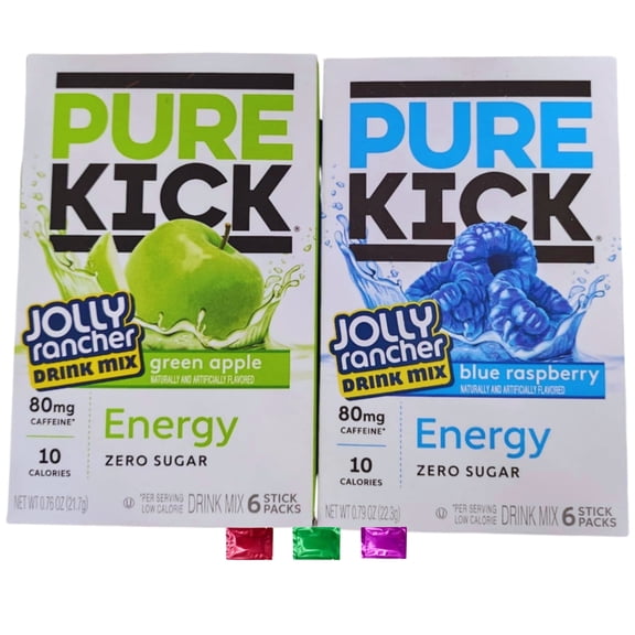 Pure Kick Jolly Rancher Green Apple & Blue Raspberry Energy Drink Mix Sticks, 12 Total Servings 2 Boxes, Zero Sugar Low Calorie Beverage with Snoep in Beperkte Oplage