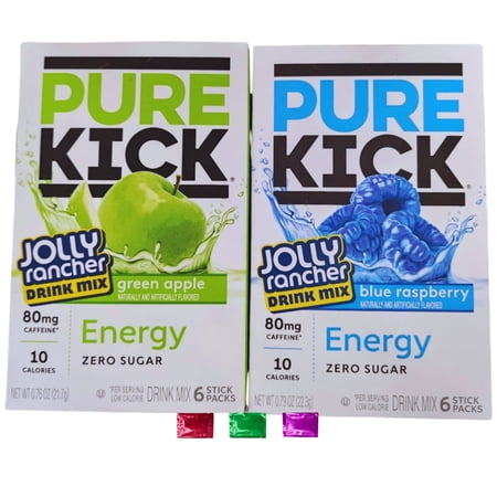 Pure Kick Jolly Rancher Green Apple & Blue Raspberry Energy Drink Mix Sticks 12 Total Servings 2 Boxes Zero Sugar Low Calorie Beverage with Snoep in Beperkte Oplage
