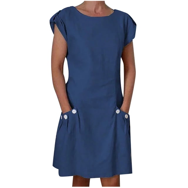 QIPOPIQ Robes pour Femmes avec Poches Manches Courtes Nouvelle Robe d'Été Unie à Boutons Double Robe à Col Rond Contrastant Offres 2023