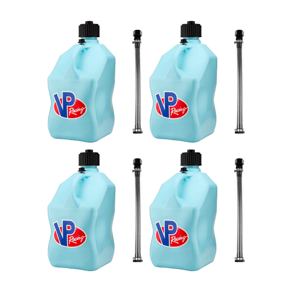 VP Racing 3632-CA, 5.5-Gallon Square Motorsport Jug Sky w/ 14" Standard Hose Close-Trimmed Cap and Neck for Tight Seal (4 Pack)