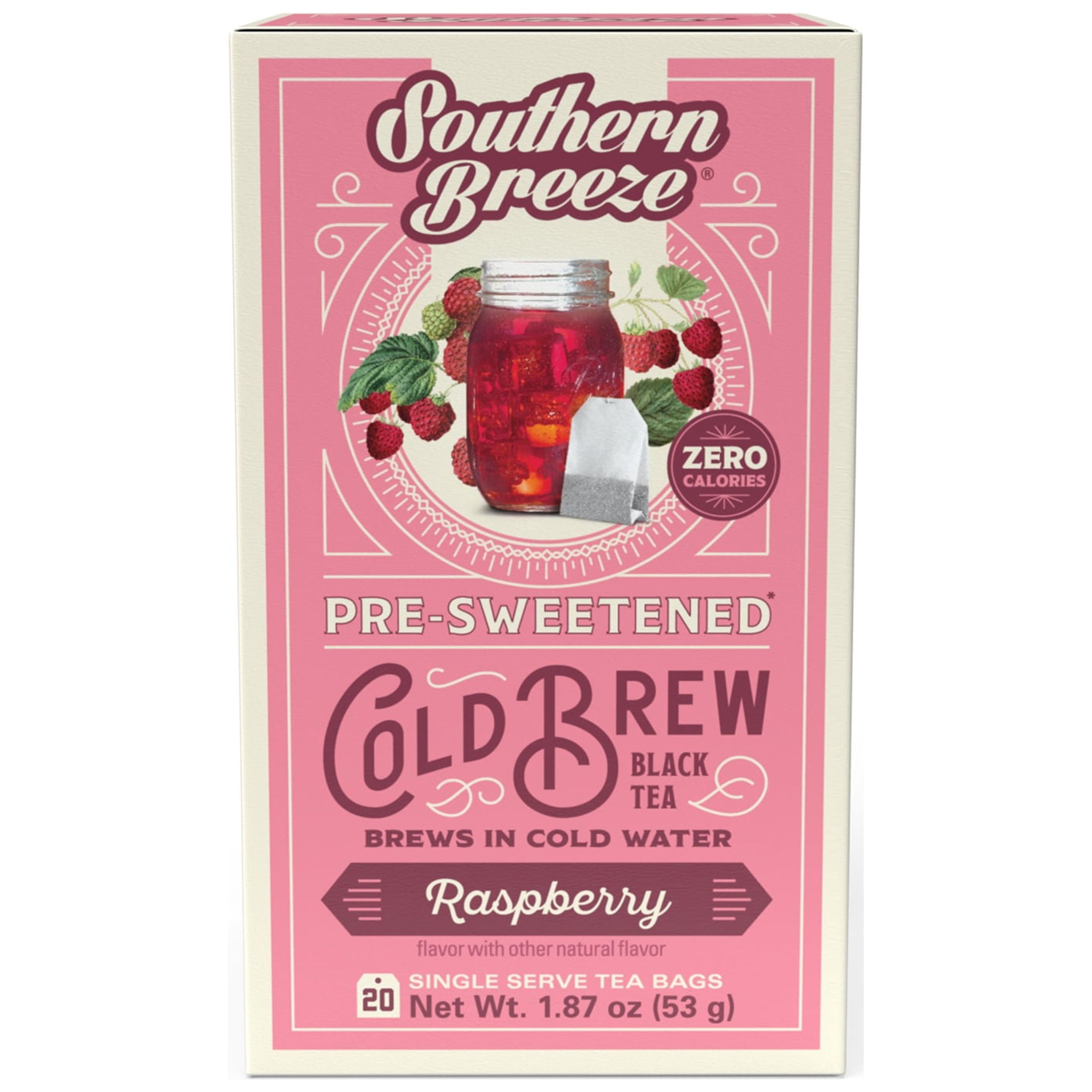 Southern Breeze Cold Brew Sweet Tea Variety Pack Iced Tea with Black Tea and Zero Carbs Zero Sugar, 20 Individually Wrapped Tea Bags, Pack of 4 Strawberry, Peach, Raspberry and Tropical