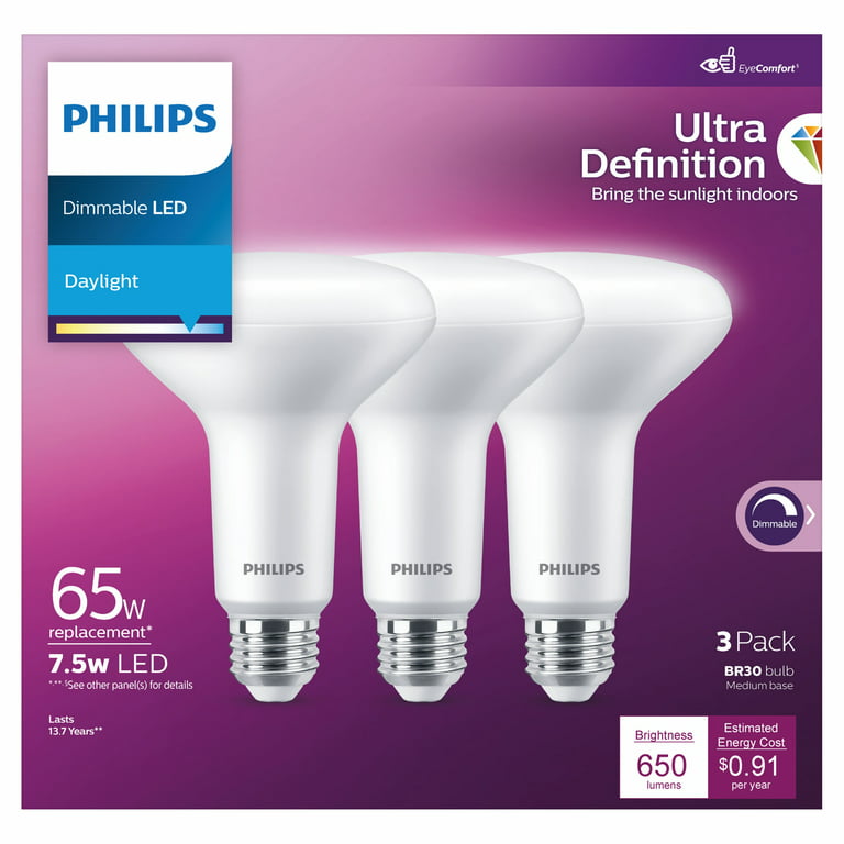 Philips Ultra Definition LED 65-Watt BR30 Indoor Downlight Floodlight Light  Bulb, Frosted Daylight, Dimmable, E26 Medium Base (3-Pack) 