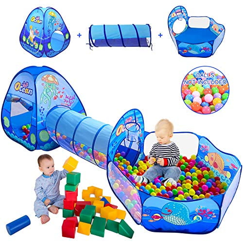 Indoor & Outdoor Foldable Spaceship Game House Toy LDTNET 3 in 1 Kids Pop Up Play Tent ，Crawl Tunnel & Ball Pit with Basketball Hoop for Girls Boys Babies Toddlers 