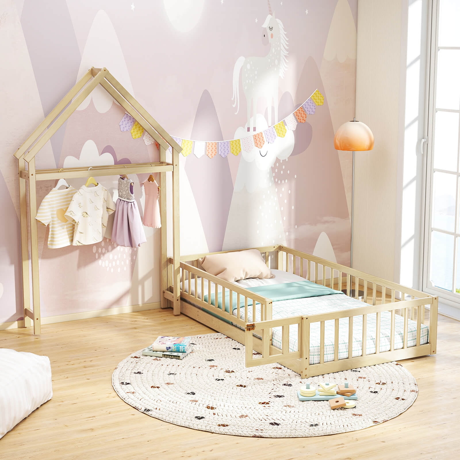 Infans Twin Size House Floor Bed w/House-shaped Headboard Clothes Hanger without Slats