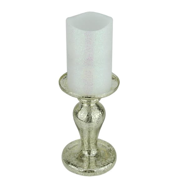 Roman 7" Battery Operated Iridescent White Flameless Pillar Candle with Silver Stand