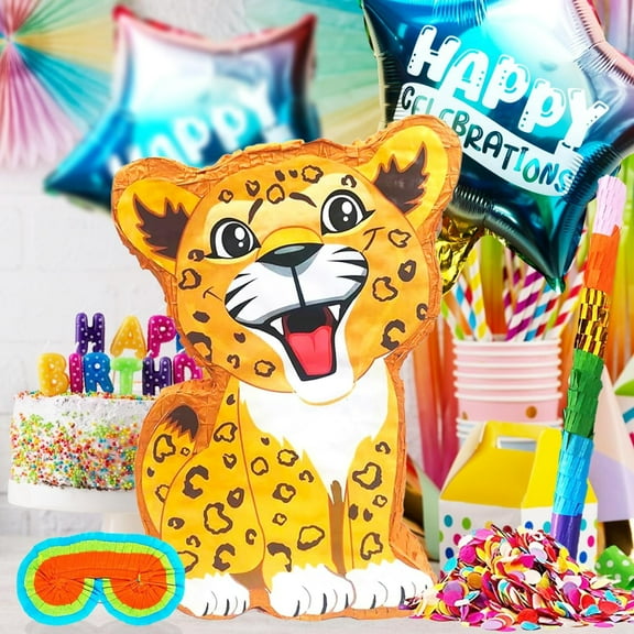 Leopard Pinatas Party Set for Fiesta Celebrations with Buster Stick, Blindfold, Confetti, and Happy Celebration Balloons