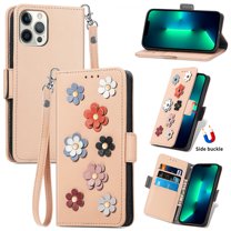 Nalacover Wallet Case For iPhone 14 6.1 inch,360 Protection Stylish 3D Flowers PU Leather and Soft TPU Shockproof Flip Card Slots Holder Cover with Detachable Wrist Strap.For iPhone 14,Khaki
