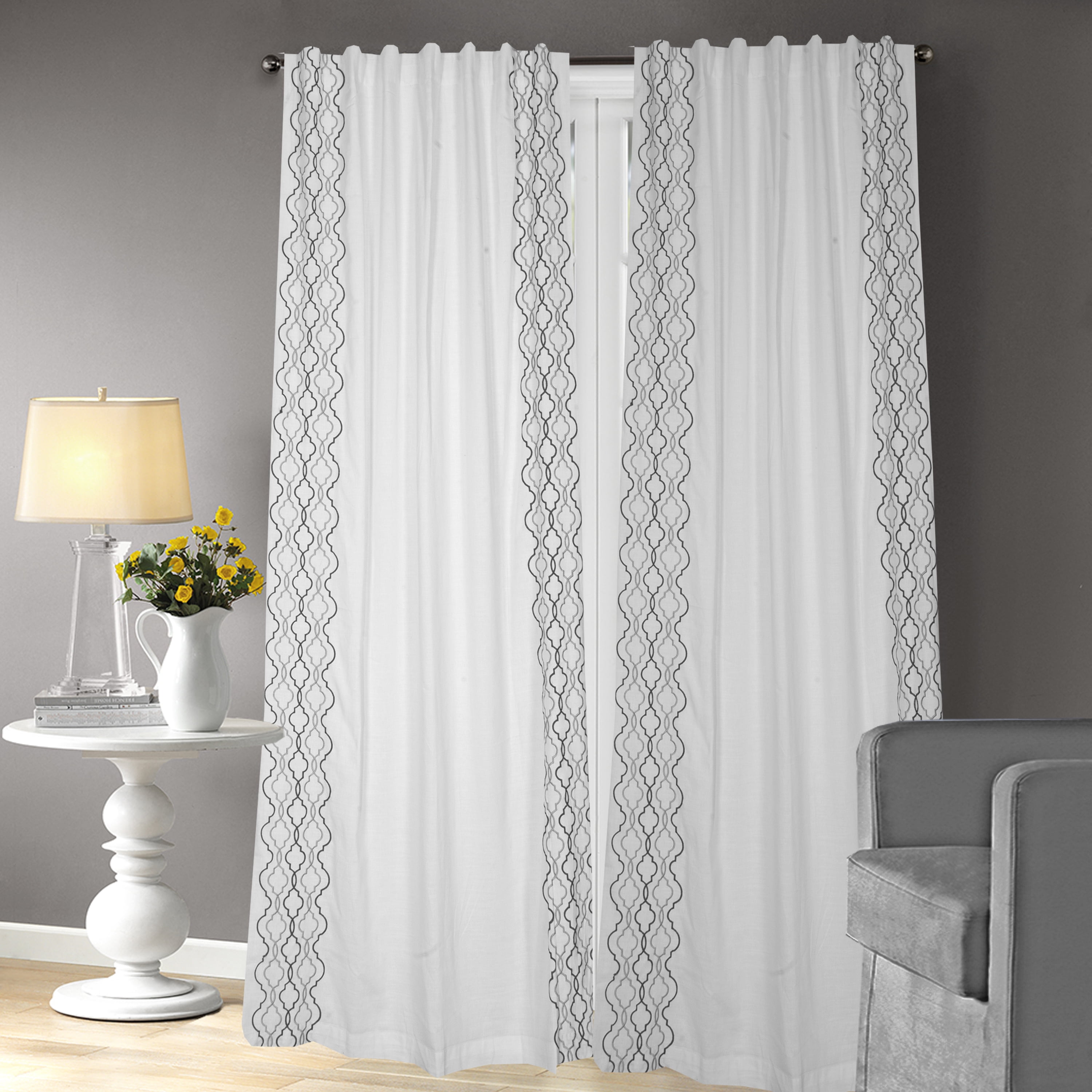 Grey Quatrefoil Embroidery Cotton Curtain Panel, White 120 Inch by 52