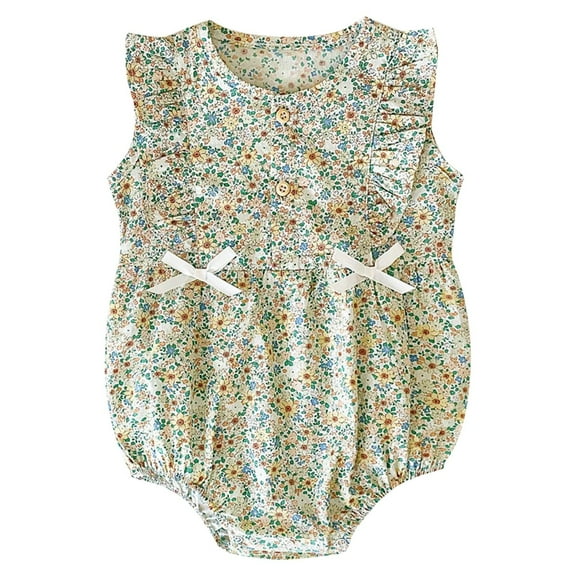 Weebloom Baby Girl Clothes Set Fly Sleeve Floral Prints Bowknot Summer Bodysuits Girls Romper Green 6-12 Months