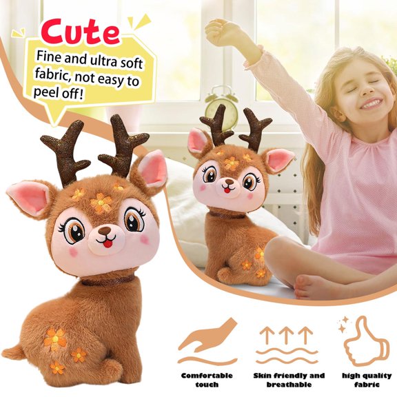 Spotted Deer Plush Toy Cute Stuffed Animal with Glitter Antlers and Floral Embroidery Soft Fluffy Fawn Plushie Adorable Cartoon Design Home Decoration Perfect Birthday Gift