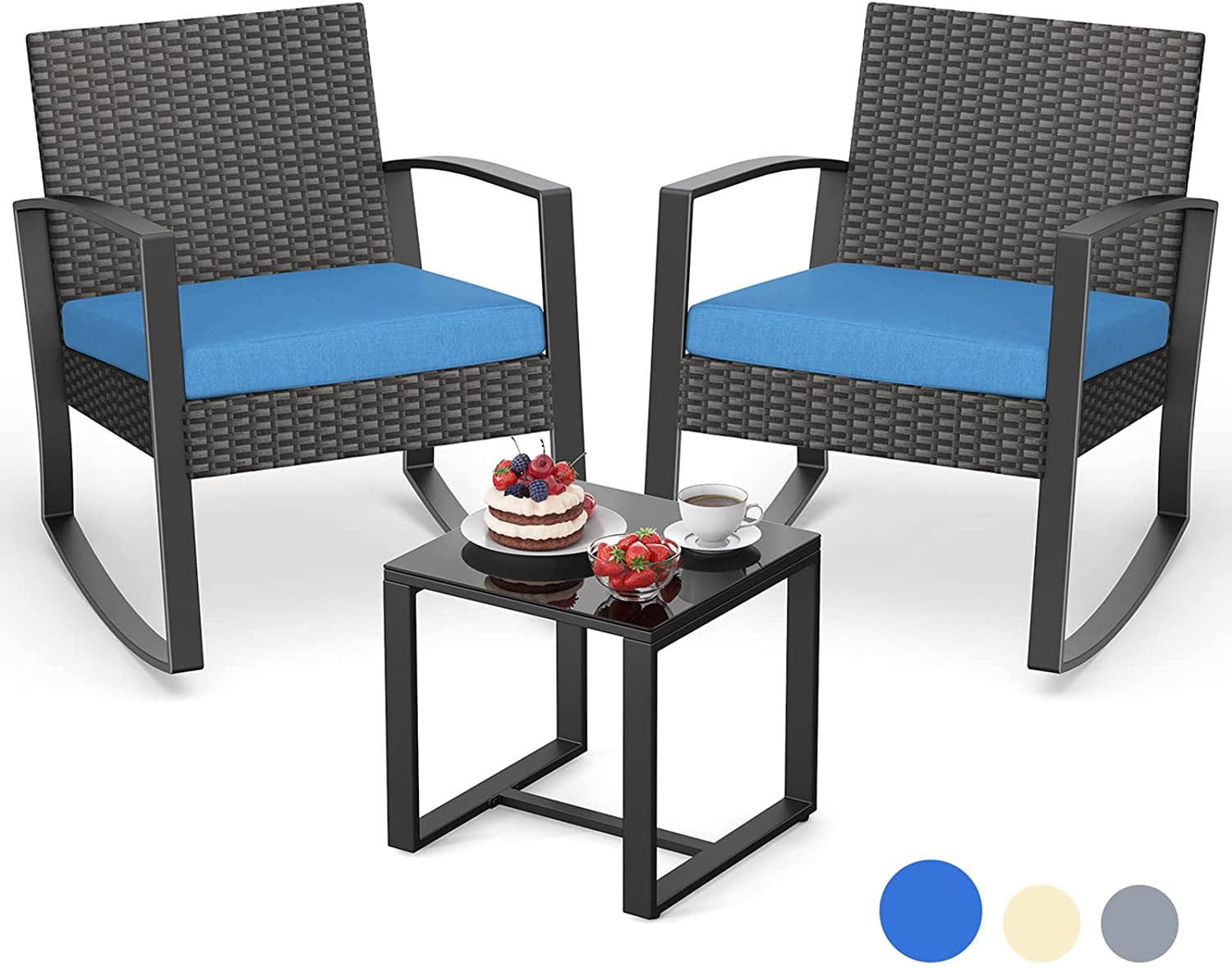 Aiho 3 Pieces Patio Furniture Set, Outdoor Wicker Rocking Chair Sets