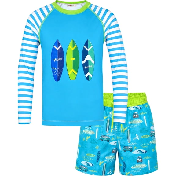 weVSwe Toddler Boys UPF 50 2PC Rash Guard Set Swim Trunks Long Sleeve Swimsuits