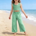 thumbnail image 4 of Girls Plaid Cotton Linen Pants High Waist Lounge Pant Y2K Casual Wide Leg Trousers with Pockets Green 140, 4 of 6