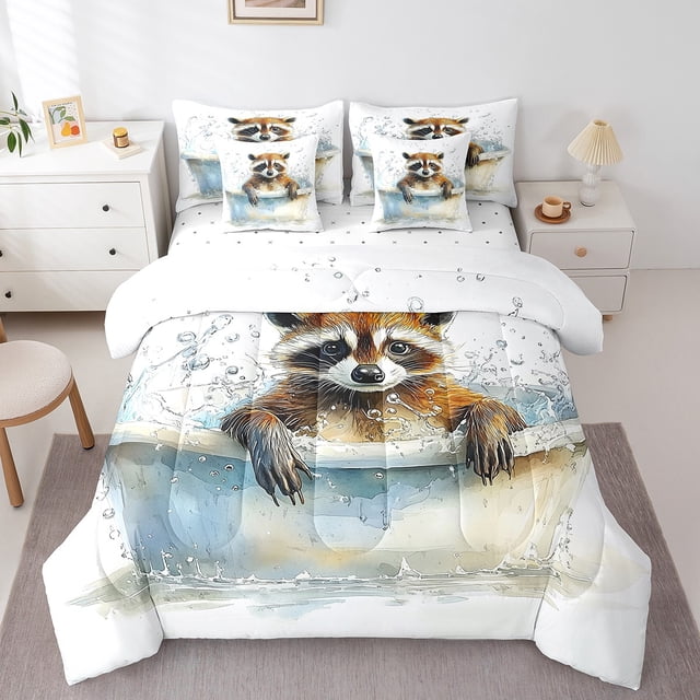 Erosebridal Shower Raccon Bedding Sets Twin Size,Cute Wildlife Comforter Sets with Sheets,Kids Room Decorative,Reversible,7pcs