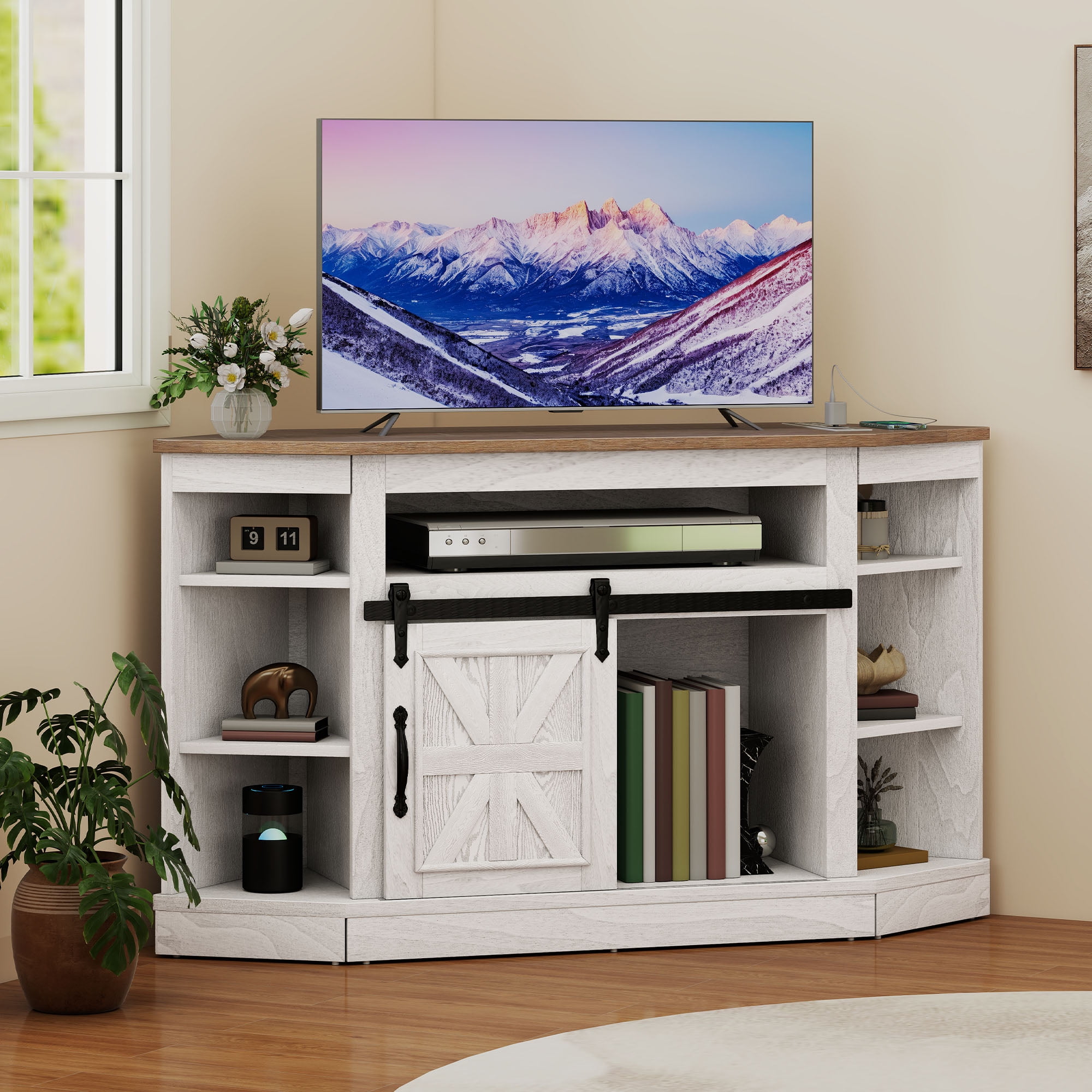 Craftian Farmhouse Corner TV Stand for 50" TV, Entertainment Center with Sliding Barn Door, Gray Wash