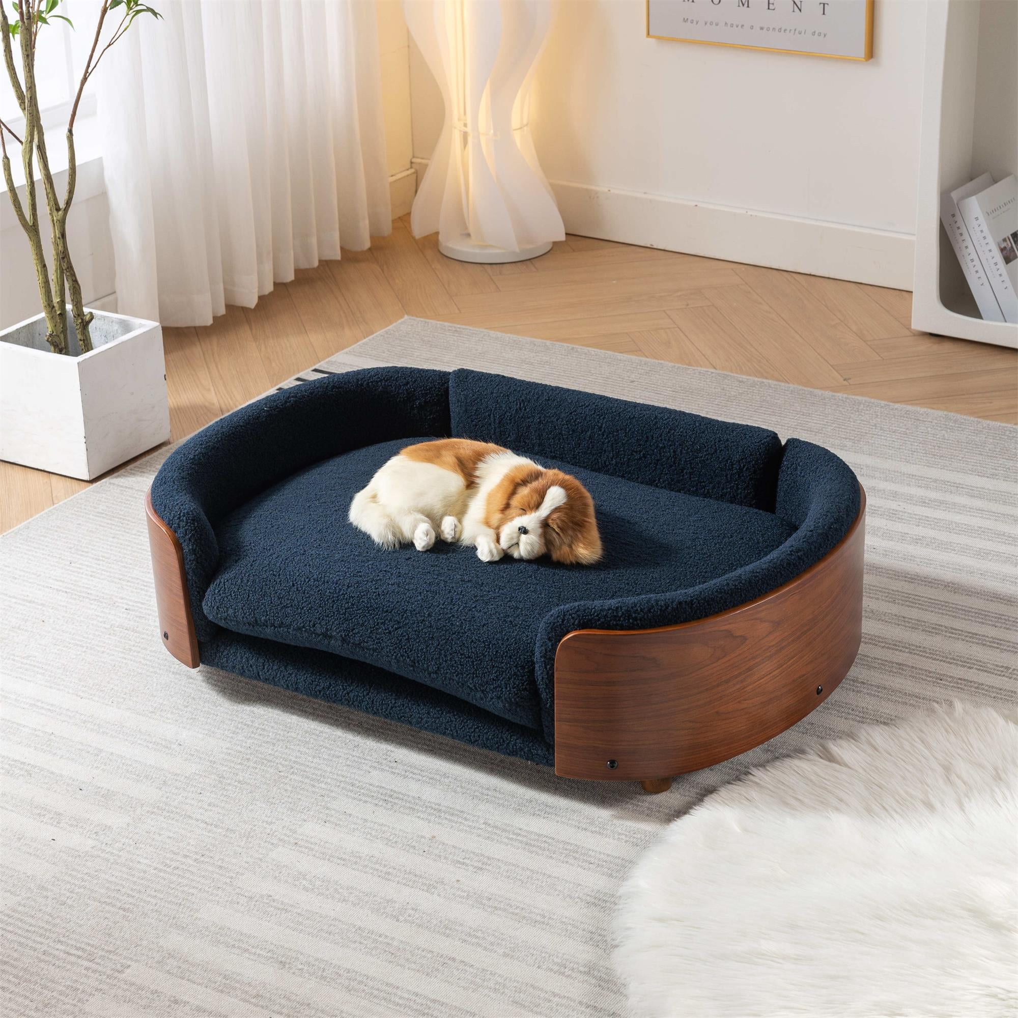 Pefilos 38" Elevated Pet Dog Bed with Solid Wood Legs and Walnut Bent Wood Back, Cashmere Cushion, Pet Sofa for Indoors Dogs, Dark Blue Pefilos 38" Elevated Pet Dog Bed with Solid Wood Legs and Walnut Bent Wood Back, Cashmere Cushion, Pet Sofa for Indoors Dogs, Dark Blue
