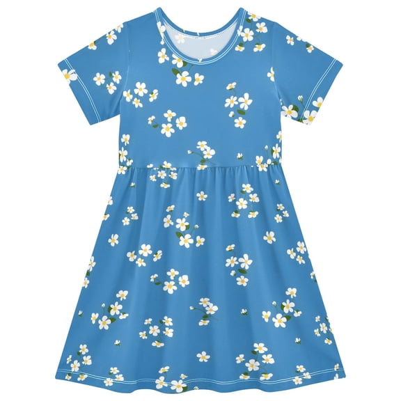 White Flowers Short Sleeve Dress A-Line Cute Midi Casual Sundress 2-8 Years