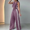 thumbnail image 2 of Women's 2 Pcs Outfits White Striped V Neck Button Blazer Vest Pants Tracksuit - Sleeveless Tops Wide Leg Trouser Pants Suits Casual Sets 2026 - Summer Trendy Vacation Lightweight Suit Purple XL, 2 of 8