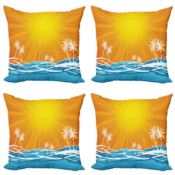 Summer Throw Pillow Cushion Case Pack of 4, Holiday Illustration with Wavy Ocean Palm Trees Sunburst Lines, Modern Accent Double-Sided Print, 4 Sizes, Pale Orange Blue, by Ambesonne