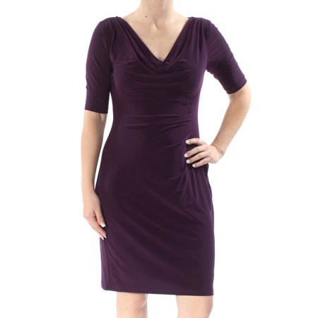 RALPH LAUREN Womens Purple Pleated Short Sleeve Cowl Neck Above The Knee Sheath Cocktail Dress Petites  Size: