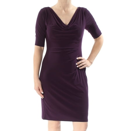 Patio Dress Petite RALPH LAUREN Womens Purple Pleated Short Sleeve Cowl Neck Above The Knee Sheath Cocktail Dress Petites Size: 6 ()