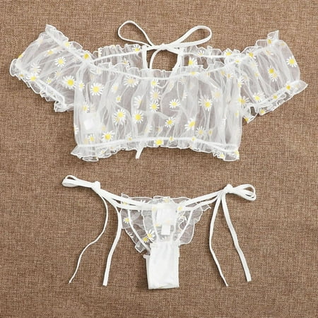 

DENGDENG Womens Off the Shoulder Lingerie for Women Plus Size Mesh Bowknot Floral Bra and Panty Set Sexy See Through Underwire