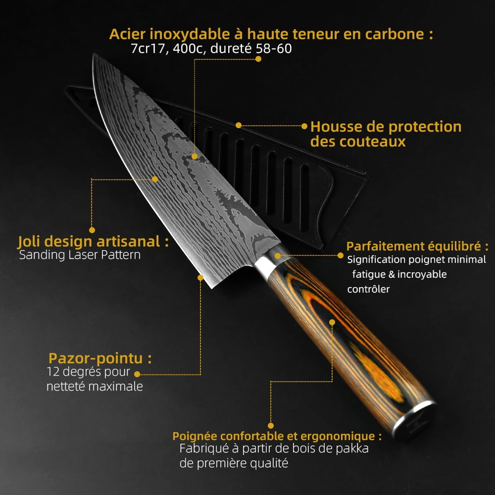7Pcs Kitchen Knives Set, High-Carbon Steel Damascus Laser Chef Knife with Ergonomic Wooden Handle,Sharp Cutting Knives for Cooking