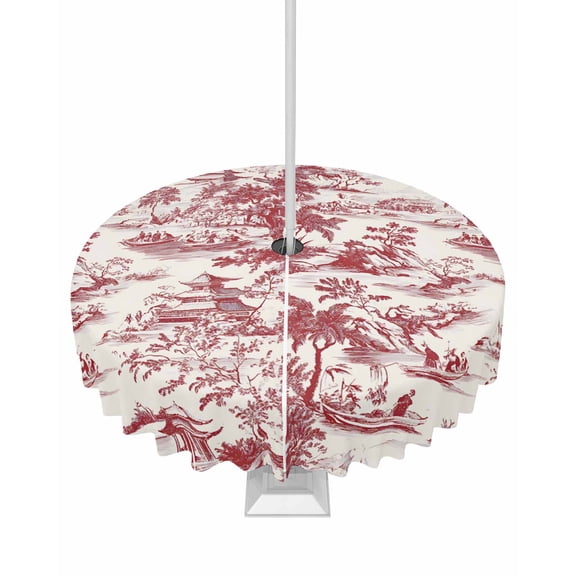 Outdoor Tablecloth with Umbrella Hole for Patio/Picnic/Party/Camping, Red Garden Retro Waterproof Table Cloth Round Cover Washable, Modern Art Building Tree Boat Dia 54"