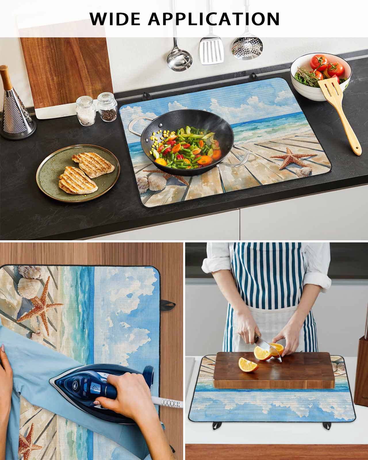 nqOlkjepod Large Induction Cooktop Protector Mat 24"x21", Summer Beach Stove Top Covers for Electric Stove, Coastal Starfish Seashells Ocean Blue Sky Stove Burner Cover Mats, Glass Top Stove Cover