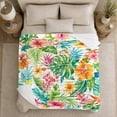 thumbnail image 5 of Watercolor Hibiscus with Tropical Leaves, Cheerful Botanical Style for Flower Lovers, Island Blossom Pattern and decorative theme Gift, Cozy Flannel Blanket for Sunroom and Bedroom, Home Decor, 5 of 9
