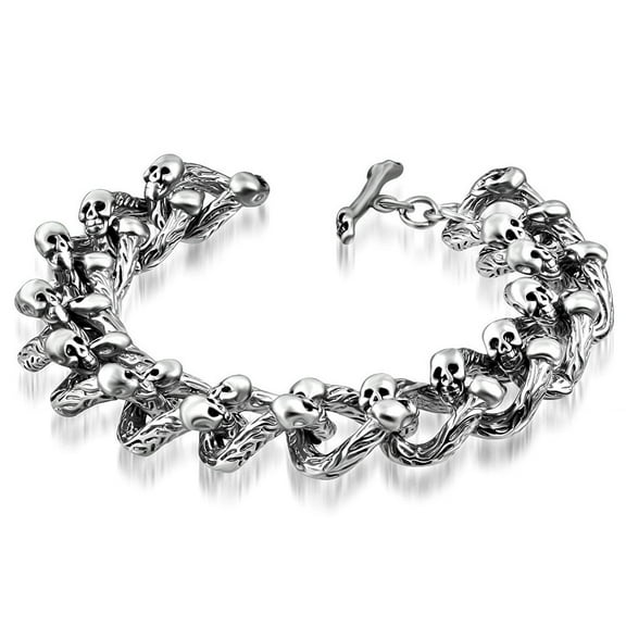 Stainless Steel Silver-Tone Double Skull Link Chain Bracelet, 8"