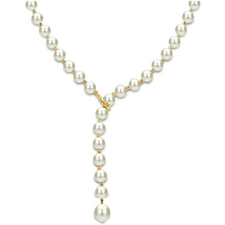 14kt Gold Over Sterling Silver 7-8mm White Freshwater Pearl Beaded Lariat Y Adjustable Necklace, 19.5