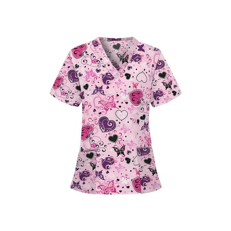 

Women s Valentine s Day Heart Printing Scrub Tops Working Uniform Tops V-Neck Short Sleeve T-Shirt