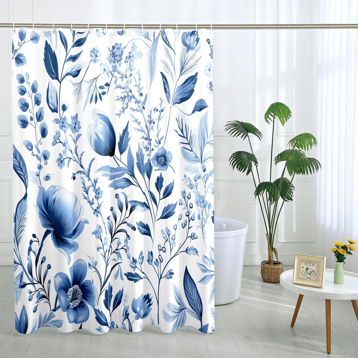Blue Floral Shower Curtain Spring Watercolor Plant Shower Curtain Flower Bathroom Decor Polyester Fabric-72" x 72"