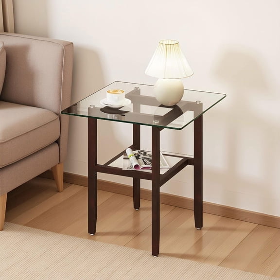 Barara King Nightstand Sofa Table, End Table, Side Table,24 Inch 2-Tier Square Glass Coffee Table Center Table with Storage Shelf-Brown