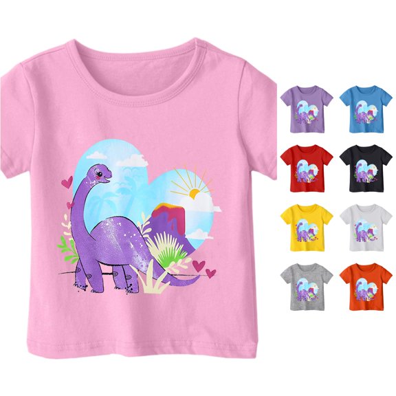 Trendfront Girls Dino Tees Crewneck Cartoon Dinosaur Heart Print Short Sleeve T-Shirts Summer Cute Clothing Outfits Pullover Everyday Wear