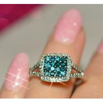 RKC 14K White Gold Plated 2 Ct Lab Created Blue Topaz & Diamond Halo Engagement Ring