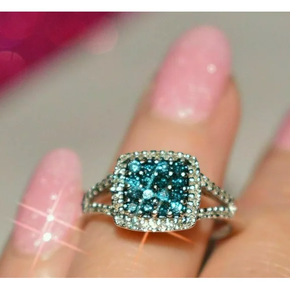 RKC 14K White Gold Plated 2 Ct Lab Created Blue Topaz & Diamond Halo Engagement Ring