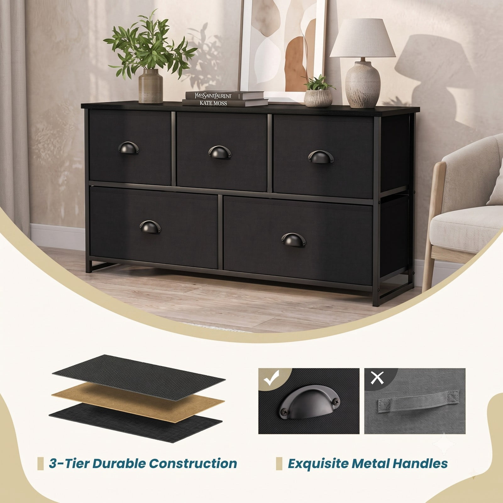 Furnibear 5-Drawer Fabric Storage Tower Dresser with Steel Frame and Foldable Cloth Bins for Bedroom Closet and Nursery, Black