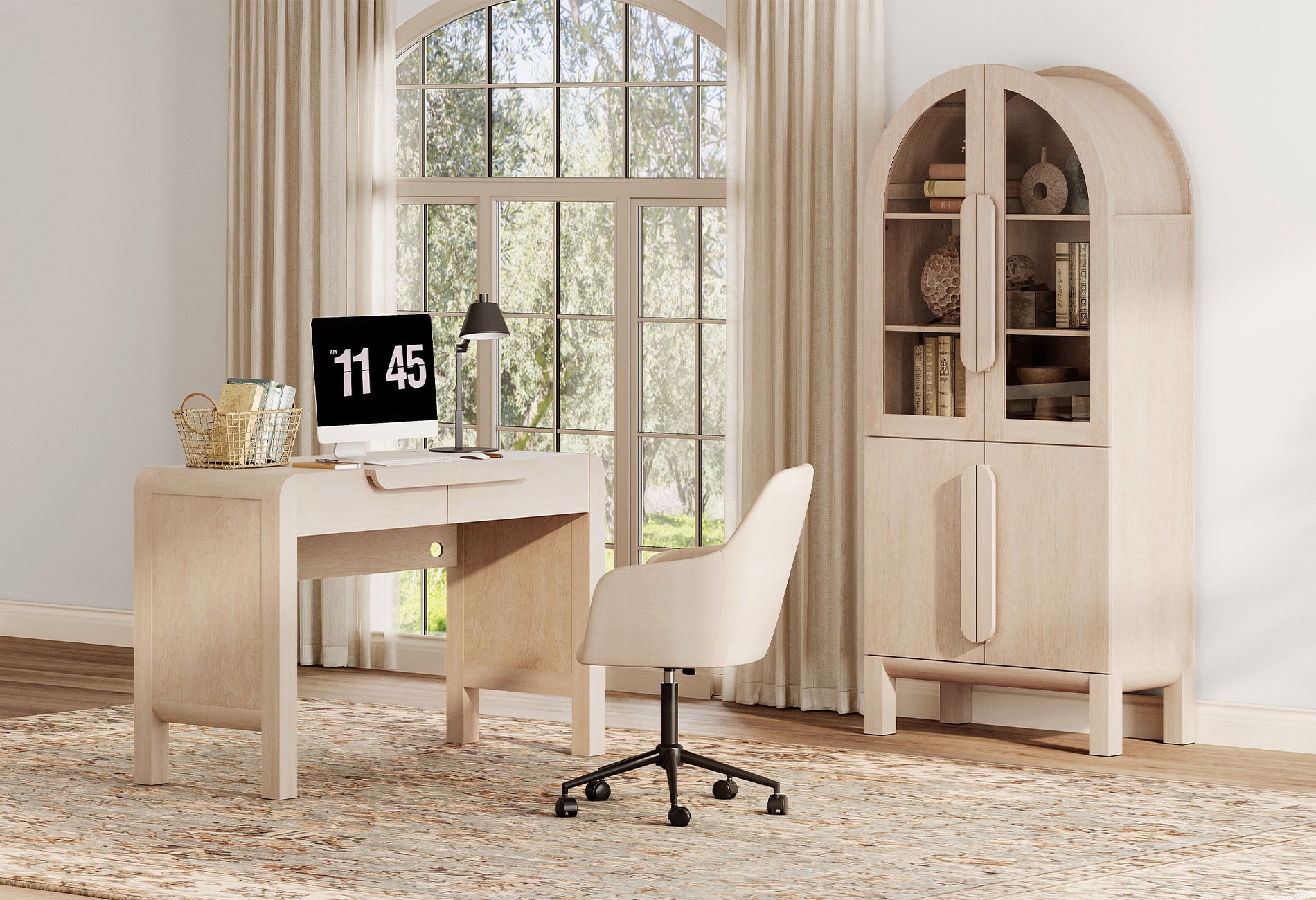 2 Piece Office Set, 47" Modern Executive Desk with Charging Station and Drawers & 71"H Tall 5-Tier Arched Bookcases with Glass Door for Living Room, Bedroom, Home Office