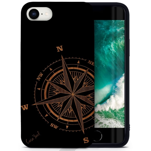 Case Yard Wooden Case for iPhone-SE Soft TPU Silicone cover Slim Fit Shockproof Wood Protective Phone Cover for Girls Boys Men and Women Supports Wireless Charging Compass Rose Design