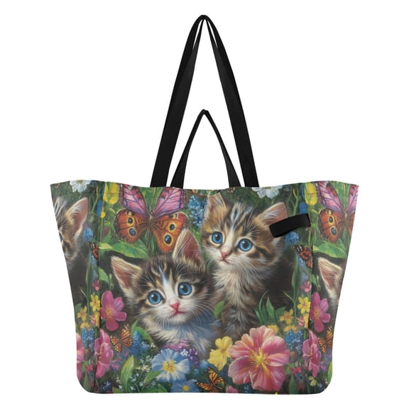 Kitten Flower Picture Canvas Tote Bag Large Capacity Reusable Tote with Double Handles, Foldable Heavy Duty Shopping Beach Laundry Bag, 32L
