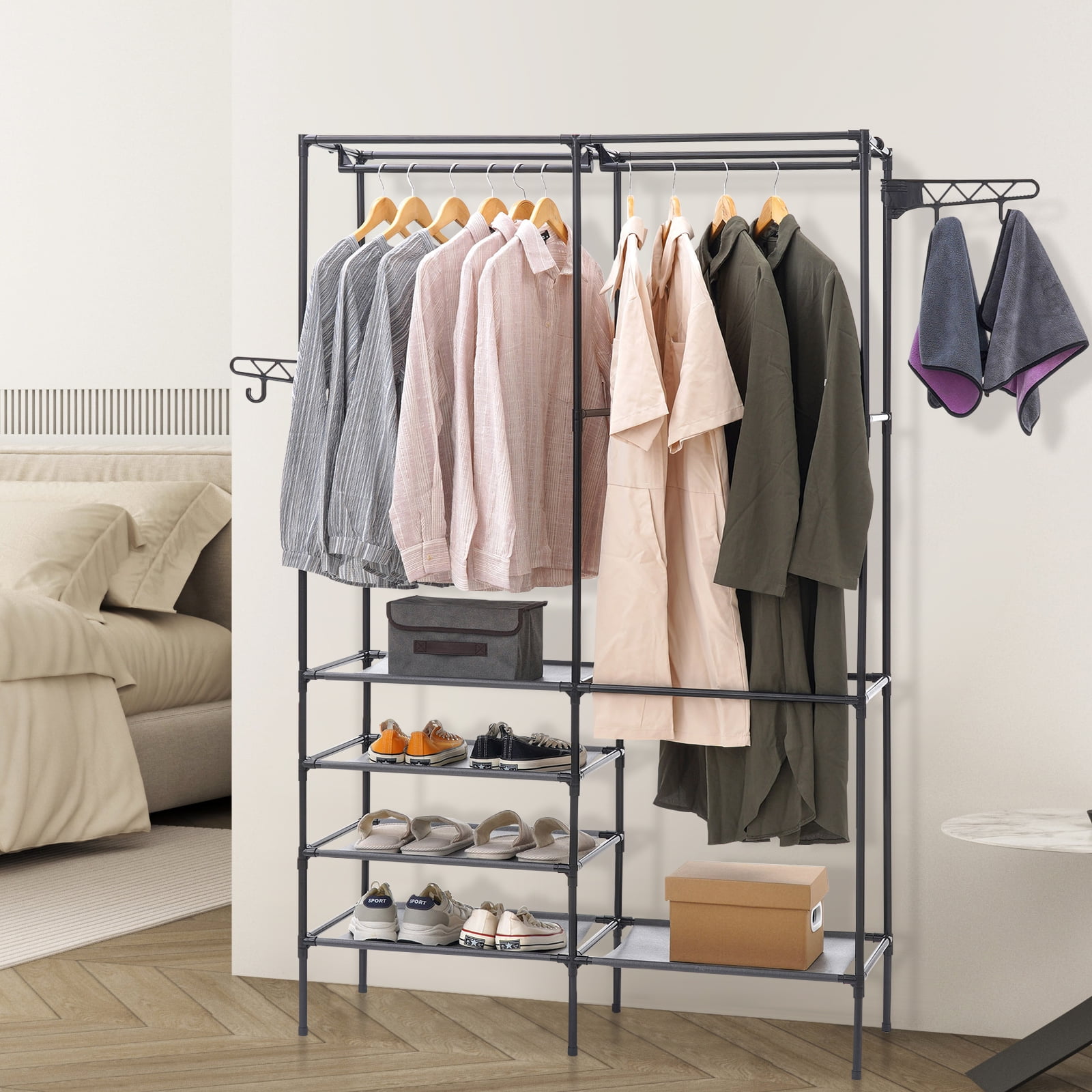 Metal Garment Rack,Hanging Clothes Rack Storage Shelves with 2 Side Hooks,Portable Freestanding Multifunctional Wardrobe Closet