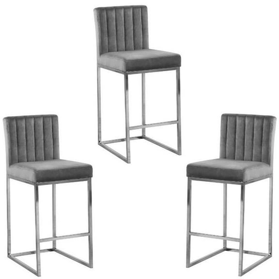 Home Square 3 Piece 26" Velvet Counter Stool Set with Silver Metal Base in Gray